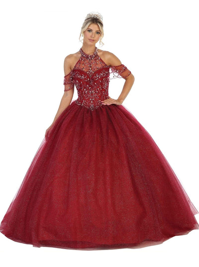 May Queen - LK121 Halter Neck Cold Shoulder Embellished Ballgown Quinceanera Dresses 2 / Burgundy