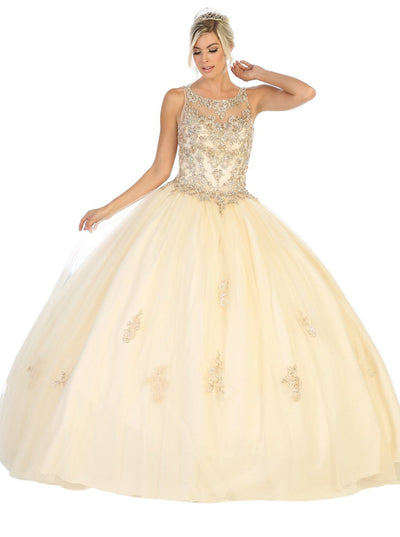 May Queen - LK122 Illusion Scoop Beaded Applique Ballgown Quinceanera Dresses 2 / Champagne