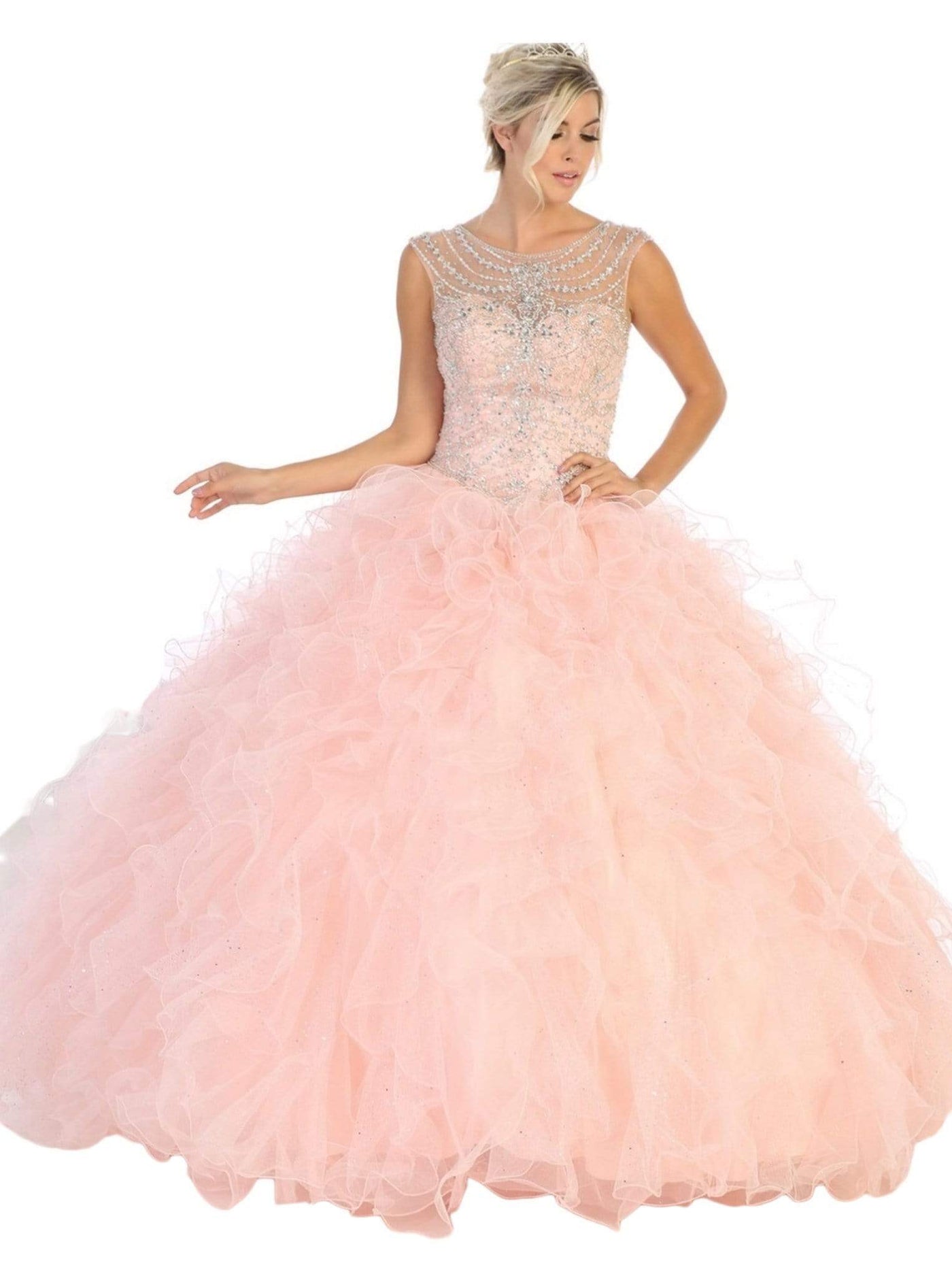 May Queen - LK124 Cap Sleeve Crystal Ornate Ruffled Ballgown Quinceanera Dresses 4 / Blush