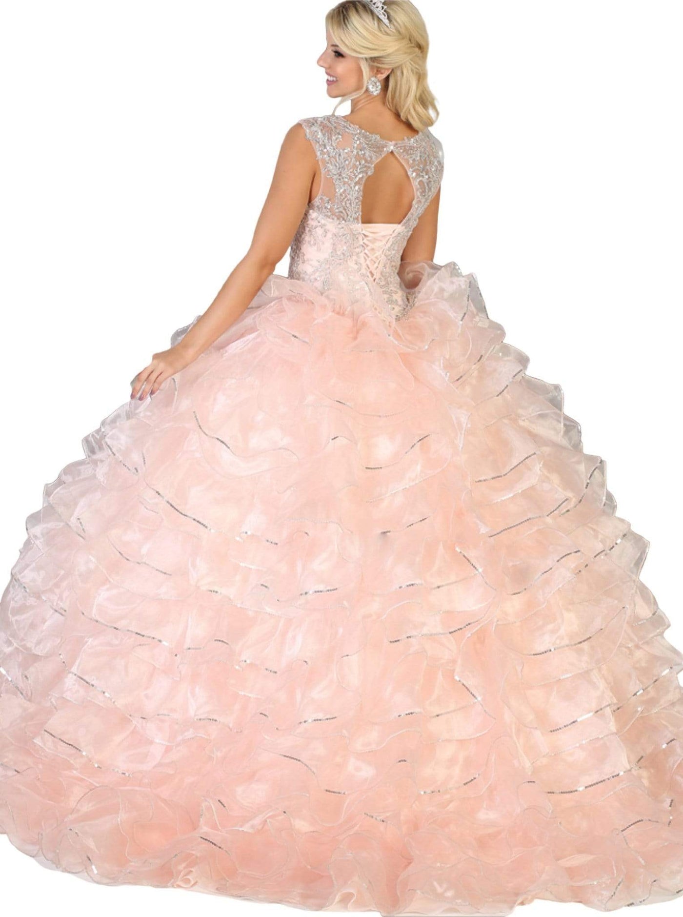 May Queen - LK125 Embellished Scoop Tiered Quinceanera Special Occasion Dress 4 / Blush