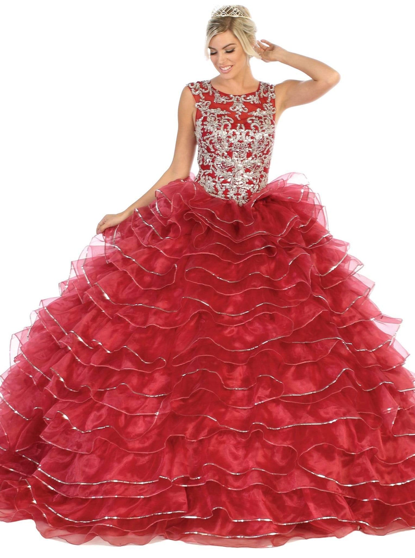 May Queen - LK125 Embellished Scoop Tiered Quinceanera Special Occasion Dress 4 / Burgundy