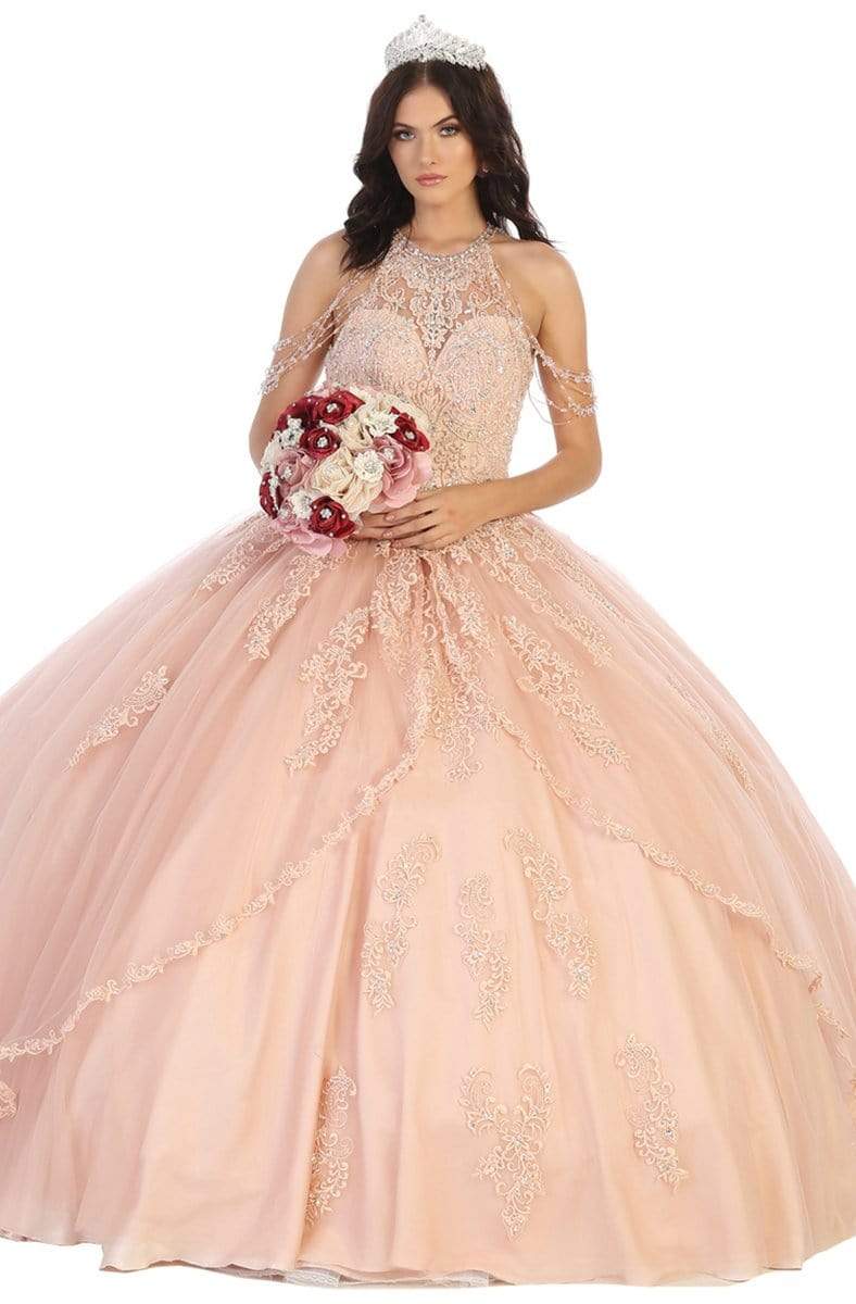 May Queen - LK133 Bead Garland Ornate Illusion Halter Ballgown Quinceanera Dresses 4 / Blush