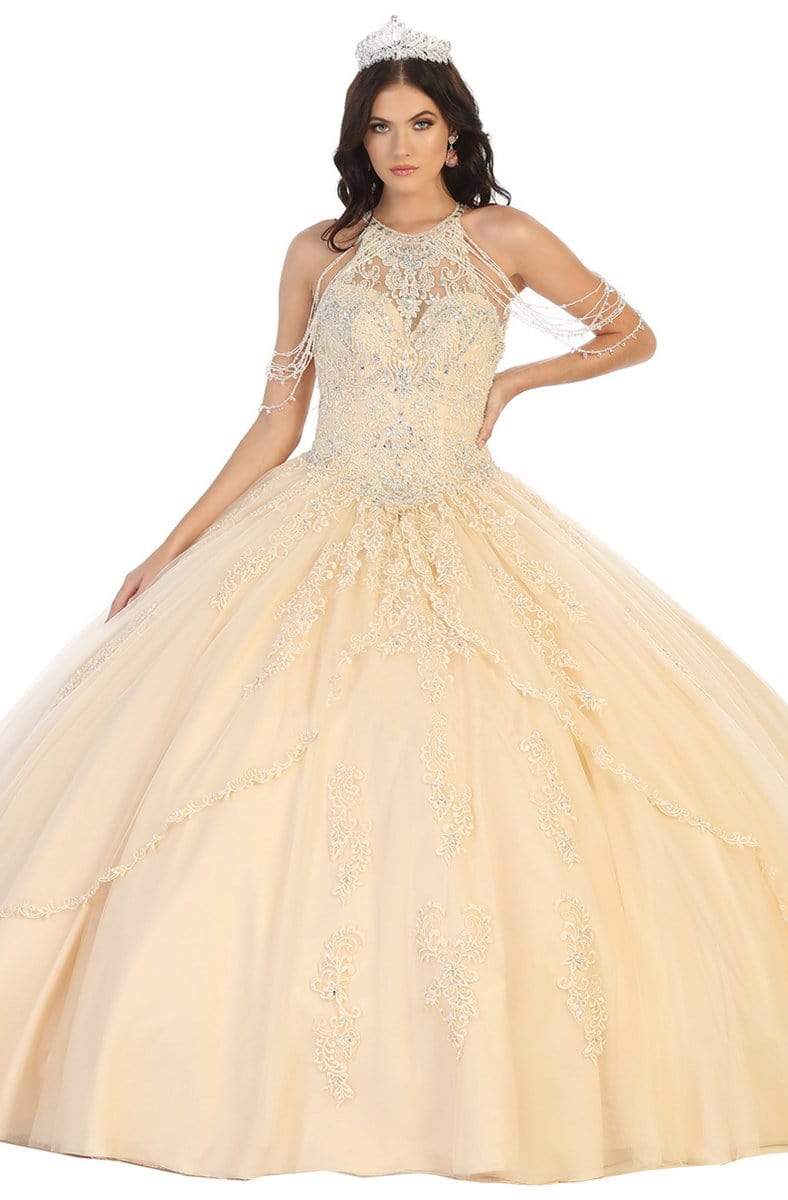 May Queen - LK133 Bead Garland Ornate Illusion Halter Ballgown Quinceanera Dresses 4 / Champagne
