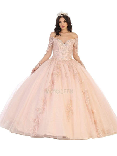 May Queen - LK135 Off Shoulder Embroidered Glitter Ballgown Quinceanera Dresses 4 / Blush