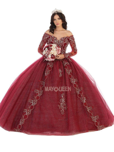 May Queen - LK135 Off Shoulder Embroidered Glitter Ballgown Quinceanera Dresses 4 / Burgundy