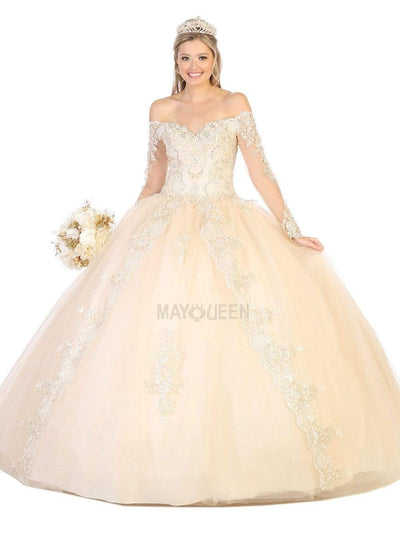 May Queen - LK135 Off Shoulder Embroidered Glitter Ballgown Quinceanera Dresses 4 / Champagne