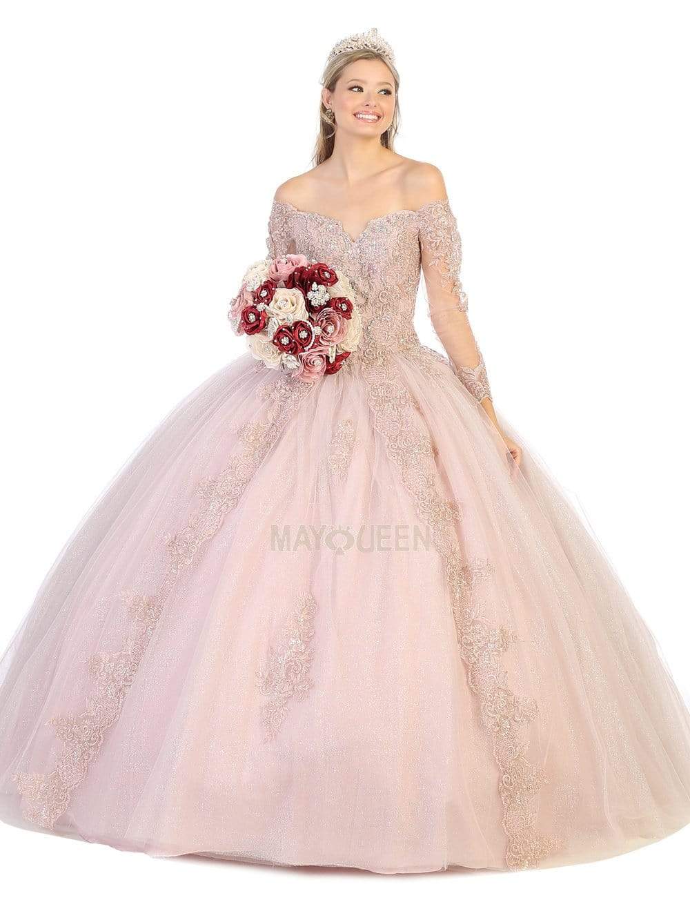 May Queen - LK135 Off Shoulder Embroidered Glitter Ballgown Quinceanera Dresses 4 / Mauve