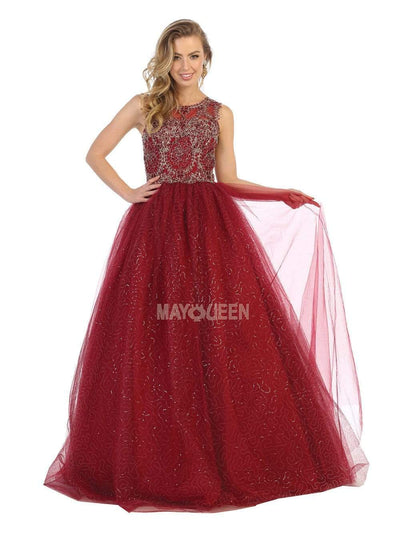 May Queen - LK137 Sleeveless Appliqued Sheer Cutout Back Gown Prom Dresses 4 / Burgundy