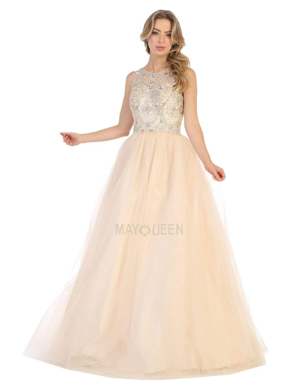 May Queen - LK137 Sleeveless Appliqued Sheer Cutout Back Gown Prom Dresses 4 / Champagne