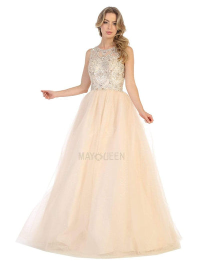 May Queen - LK137 Sleeveless Appliqued Sheer Cutout Back Gown Prom Dresses 4 / Champagne