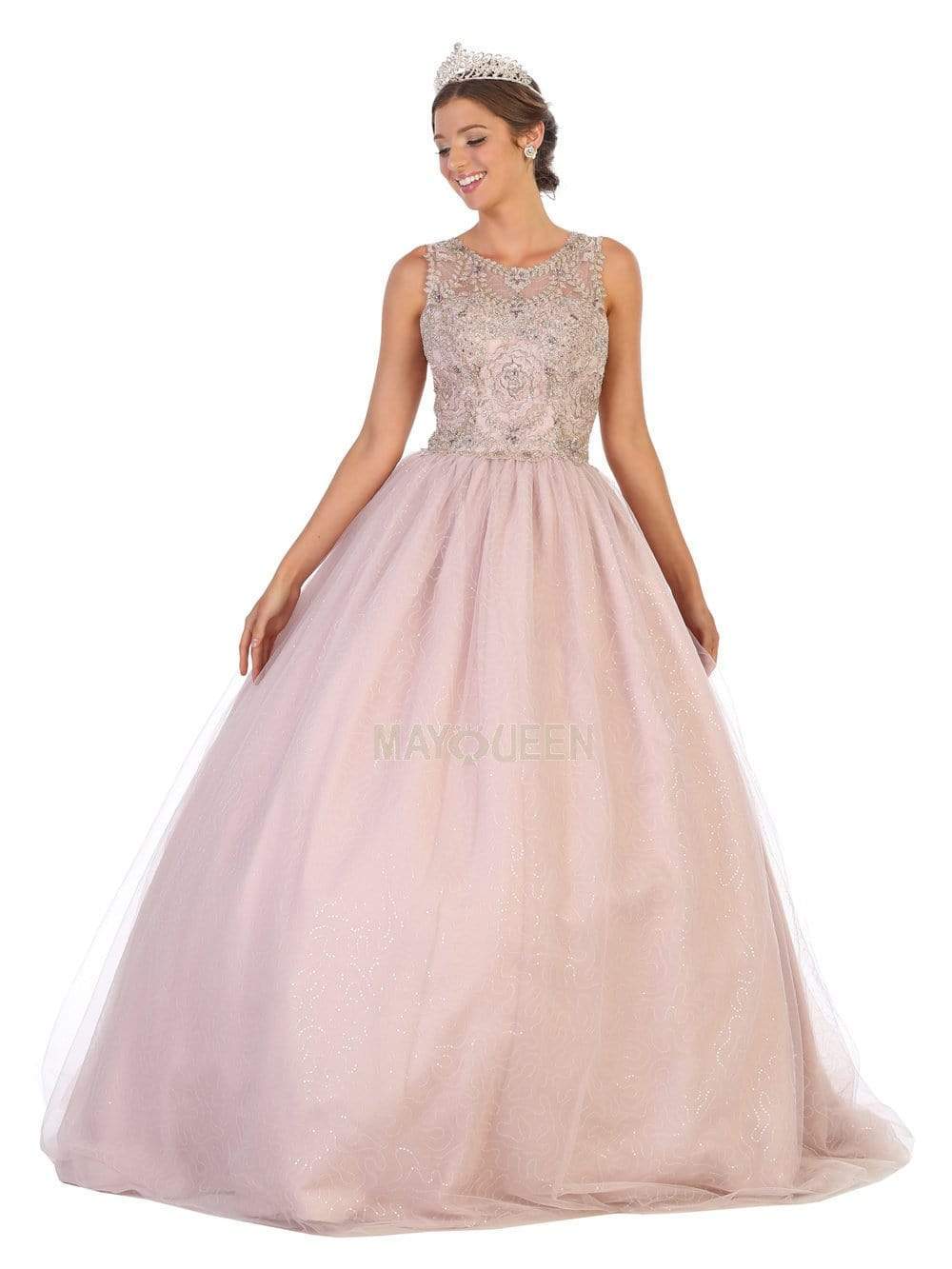 May Queen - LK137 Sleeveless Appliqued Sheer Cutout Back Gown Prom Dresses 4 / Mauve