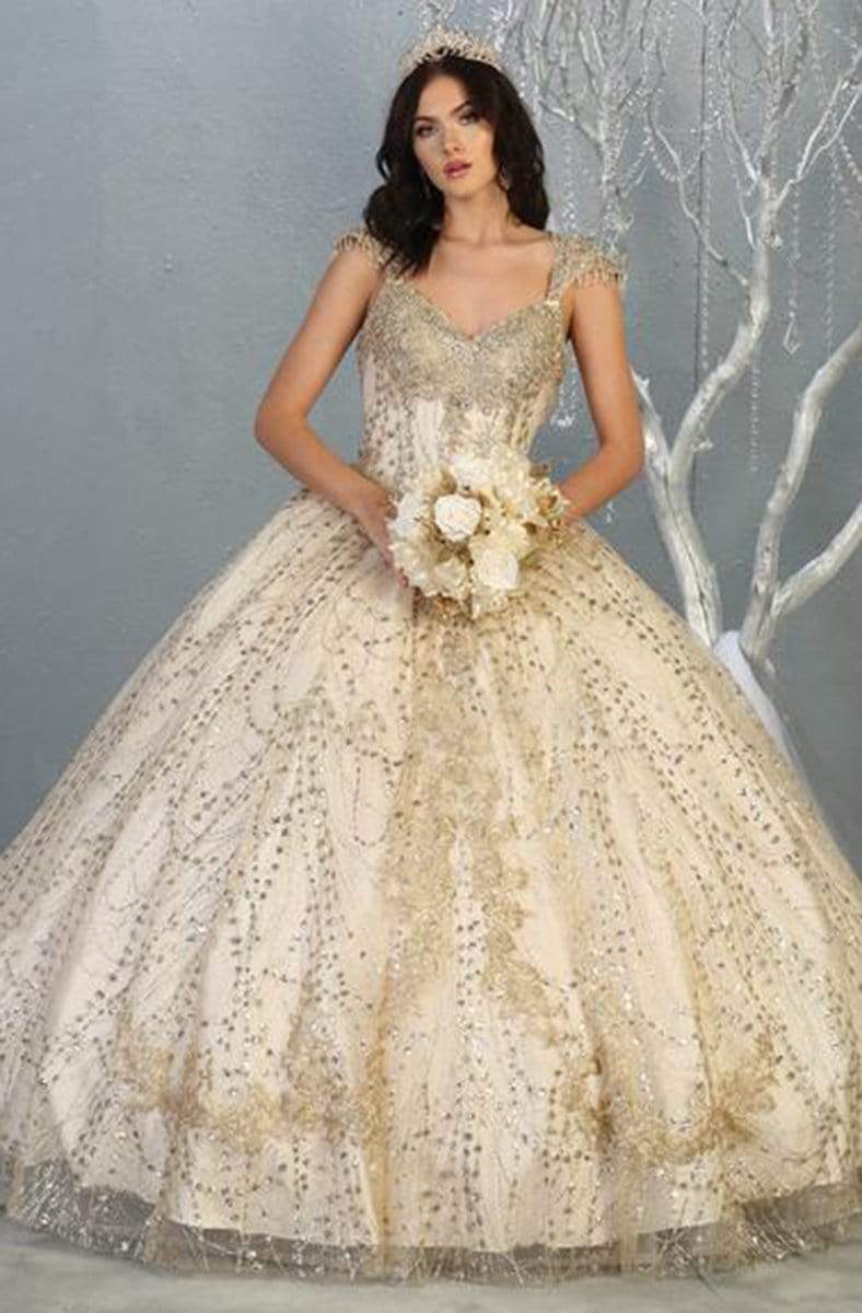 May Queen - LK142 Embellished V-neck Ballgown Ball Gowns 4 / Champagne