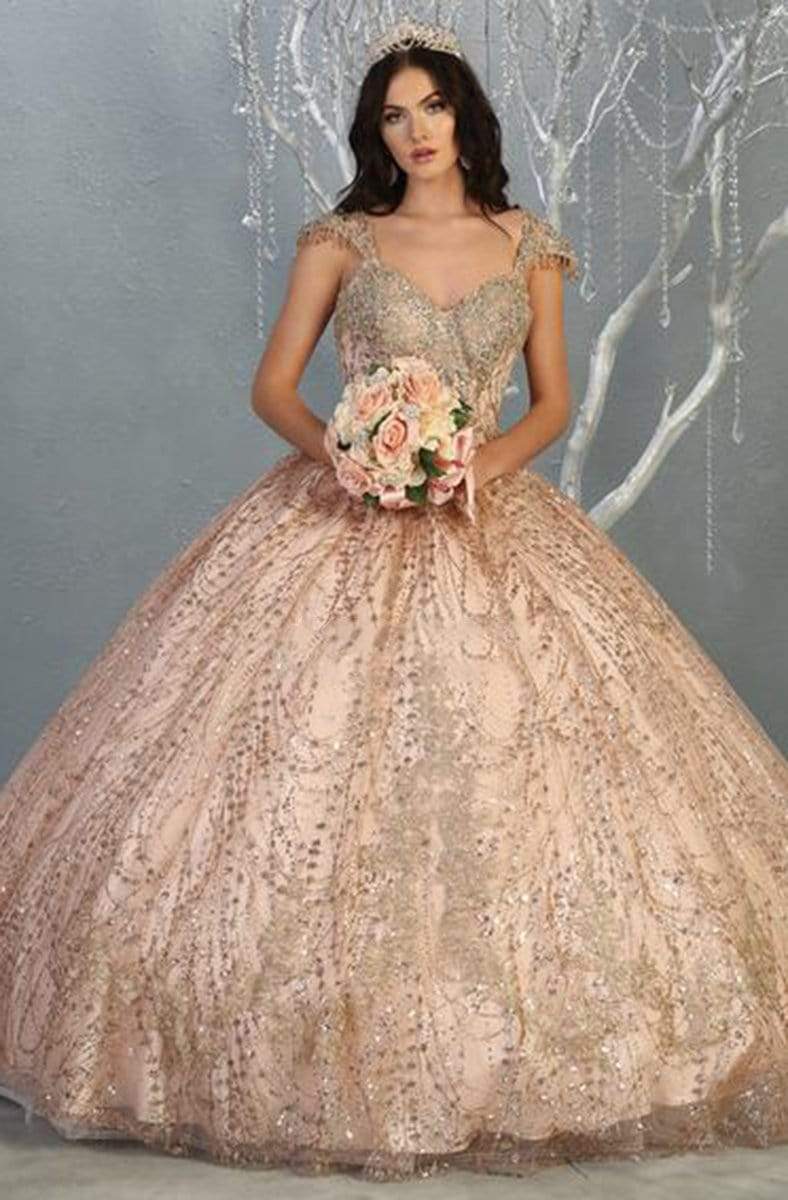 May Queen - LK142 Embellished V-neck Ballgown Ball Gowns 4 / Rosegold