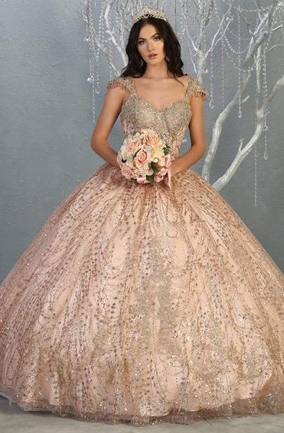 May Queen - LK142 Embellished V-neck Ballgown Ball Gowns 4 / Rosegold