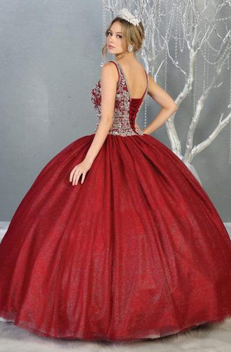 May Queen - LK143 Embellished Wide V-neck Ballgown Quinceanera Dresses 4 / Burgundy