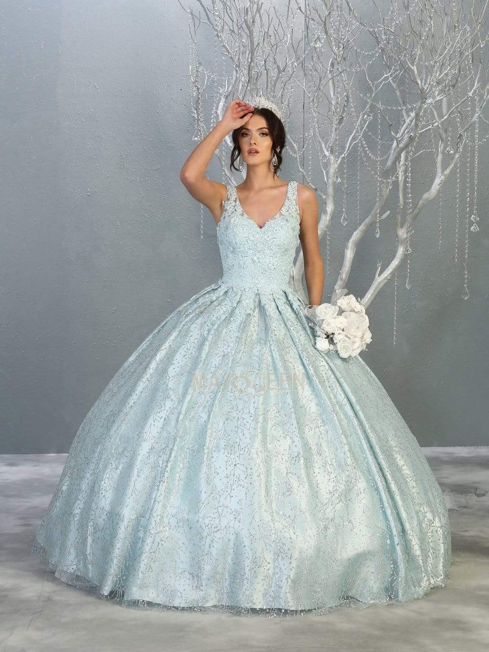 May Queen - LK149 Glitter Floral Appliqued Ballgown Quinceanera Dresses 2 / Baby-Blue
