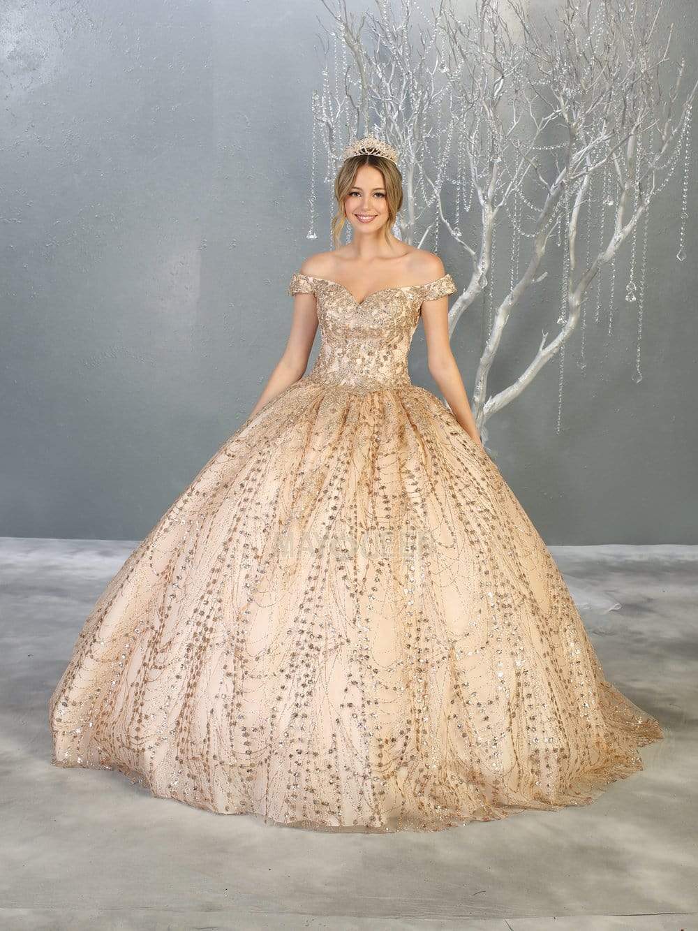 May Queen - LK153 Beaded Appliqued Off Shoulder Ballgown Quinceanera Dresses 4 / Champagne/Gold