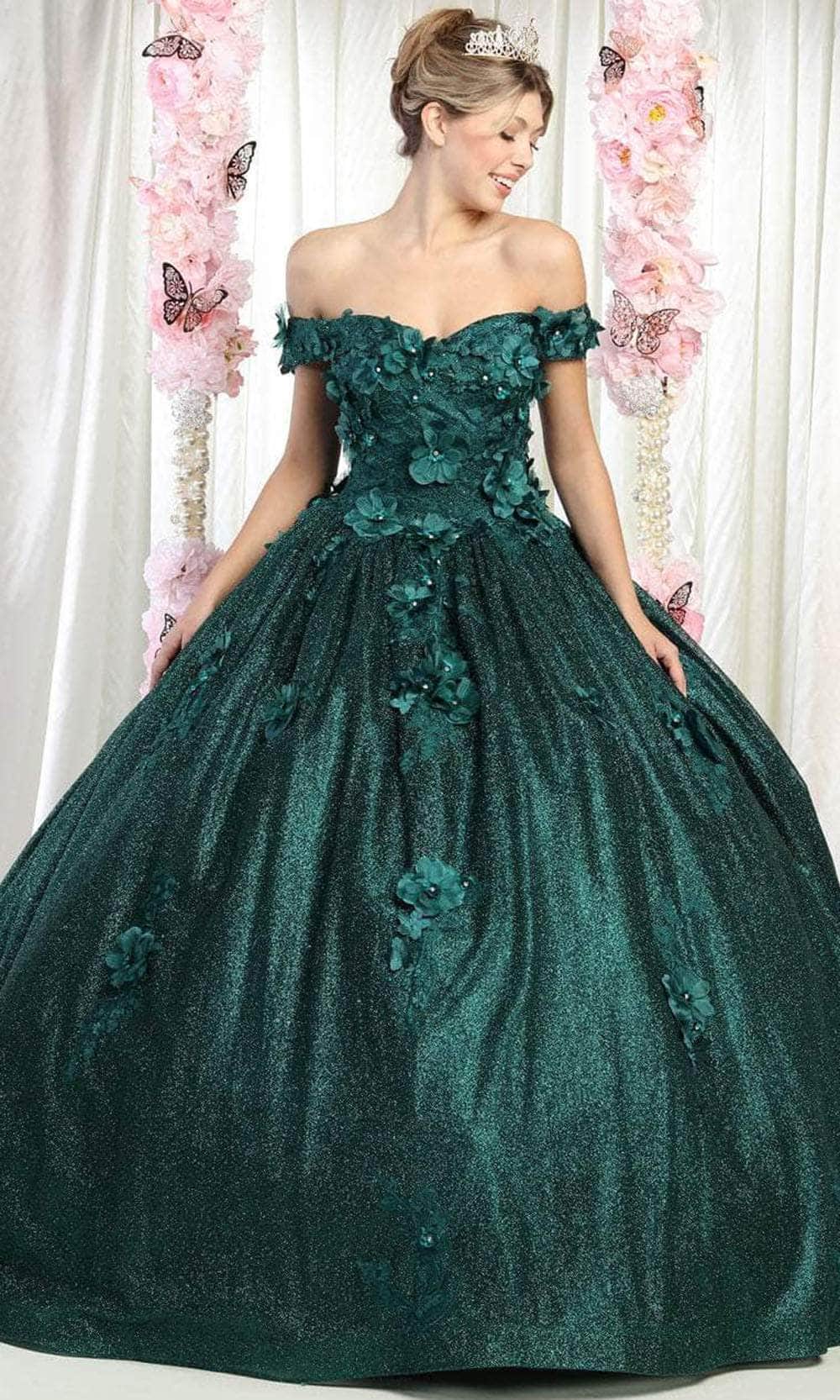 May Queen LK161 - Off Shoulder Floral Prom Ballgown Ball Gowns