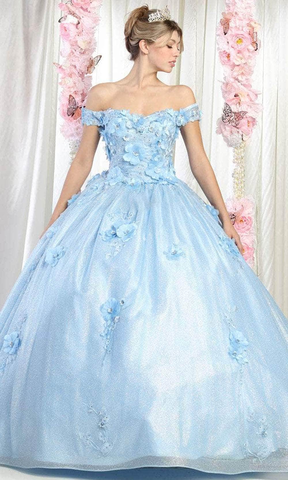 May Queen LK161 - Off Shoulder Floral Prom Ballgown Ball Gowns 4 / Babyblue