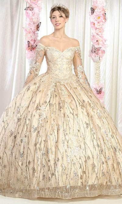 May Queen LK162 - Long Sleeve Sequin Prom Ballgown Ball Gowns 4 / Champagne