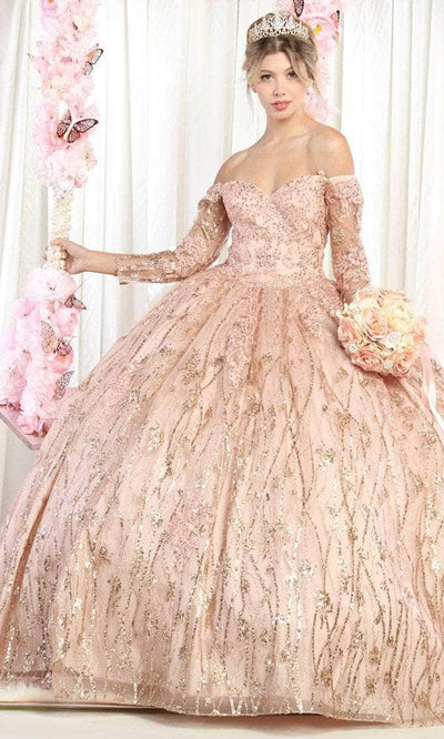May Queen LK162 - Long Sleeve Sequin Prom Ballgown Ball Gowns 4 / Rosegold