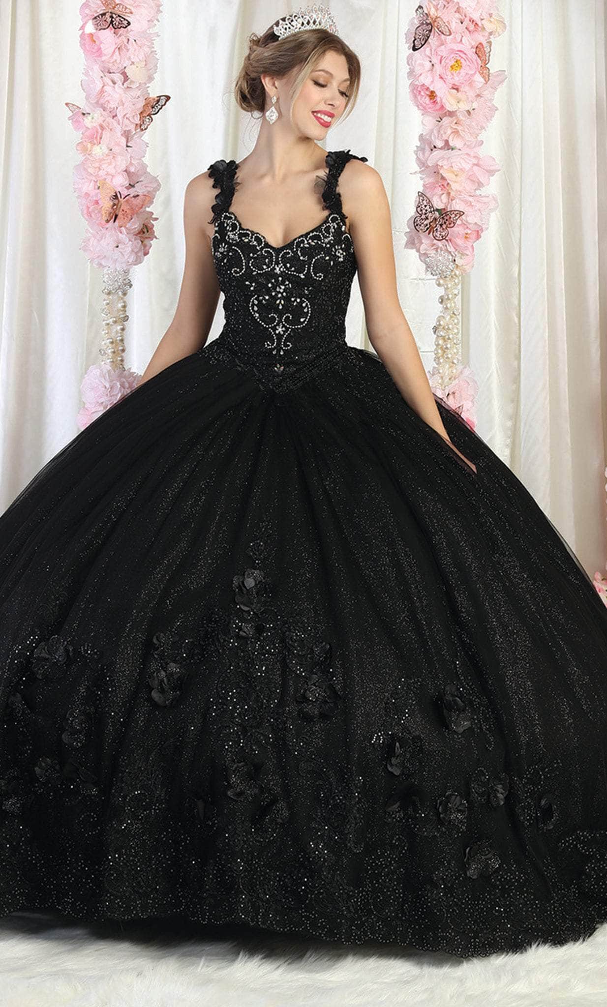 May Queen LK180 - Floral Applique Quinceanera Ballgown Ball Gowns 4 / Black