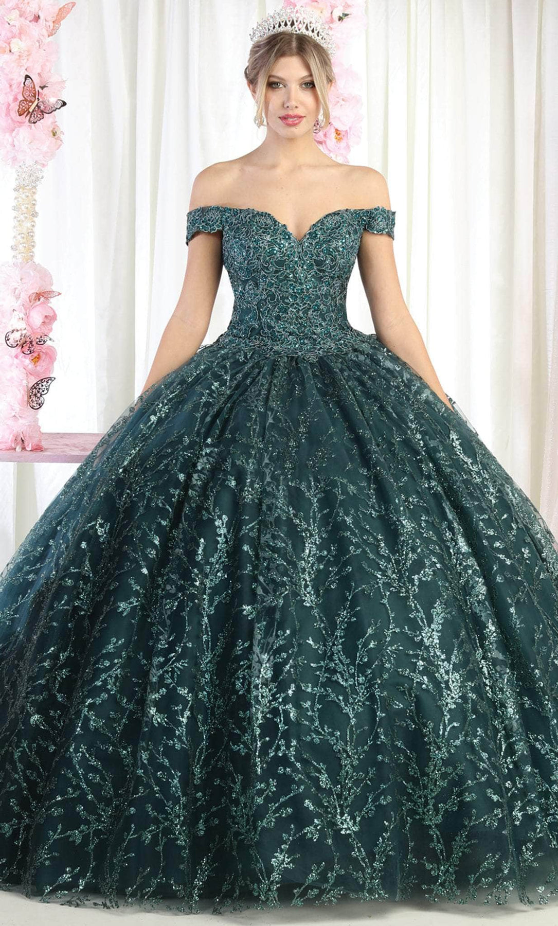 May Queen LK183 - Long Ballgown Dress - Rhinestones, Glitter Print, Lace Appliques, Lace Up Back, Floor Length Hem ADASA May Queen LK183 - Long Ballgown Dress - Rhinestones, Glitter Print, Lace Appliques, Lace Up Back, Floor Length Hem ADASA
