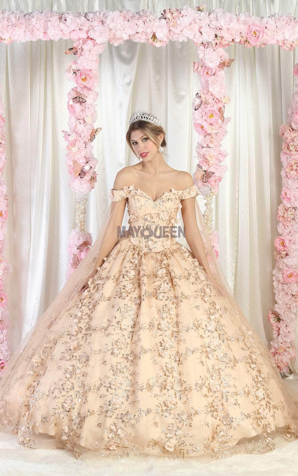 May Queen LK184 - Off-Shoulder 3D Floral Embellished Ballgown Special Occasion Dress