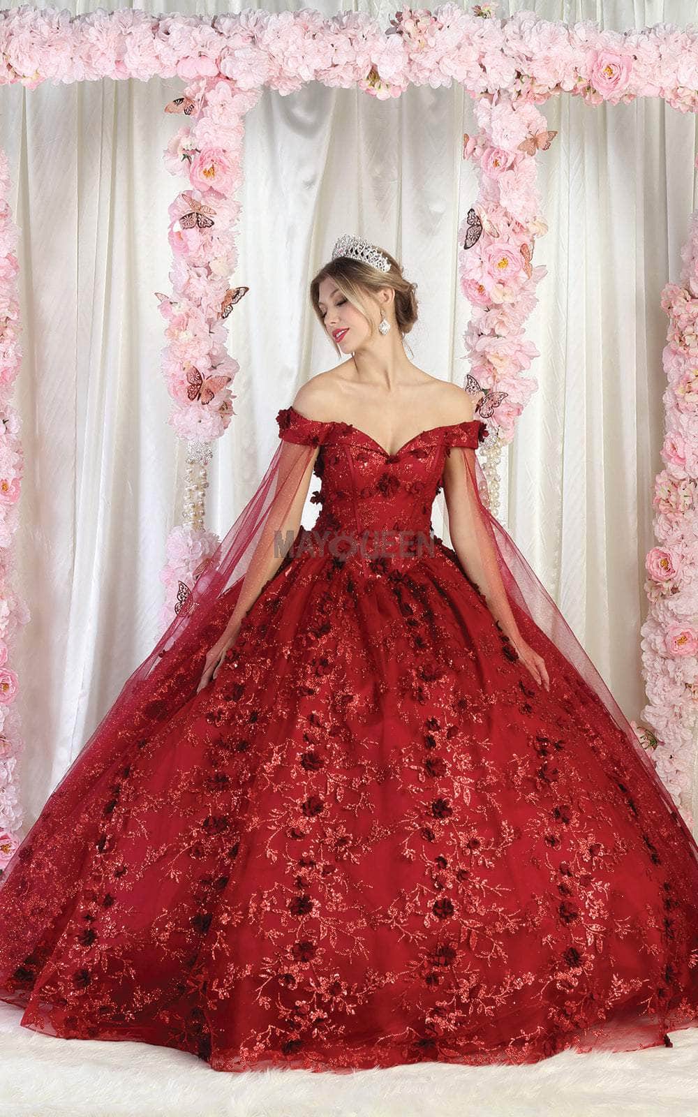 May Queen LK184 - Off-Shoulder 3D Floral Embellished Ballgown Special Occasion Dress