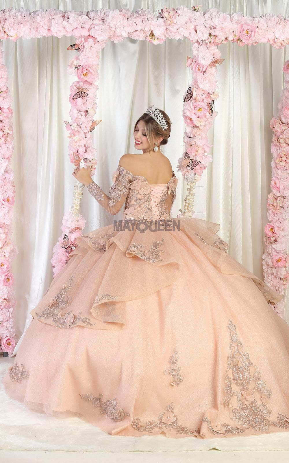 May Queen LK189 - Long Mesh Sleeve Ball Gown Special Occasion Dress