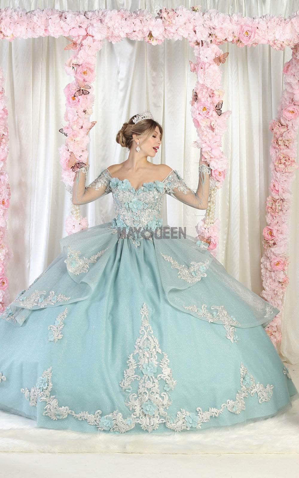 May Queen LK189 - Long Mesh Sleeve Ball Gown Special Occasion Dress