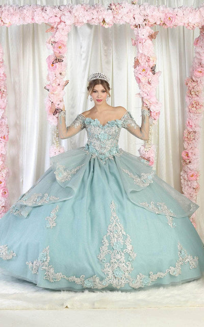 May Queen LK189 - Long Mesh Sleeve Ball Gown Special Occasion Dress