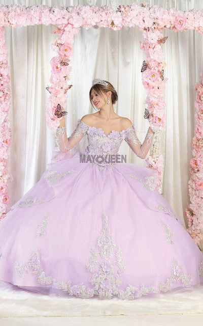 May Queen LK189 - Long Mesh Sleeve Ball Gown Special Occasion Dress