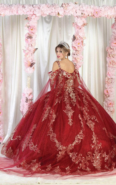 May Queen LK210 - Cold Shoulder Embellished Quinceanera Dress In Red and Gold