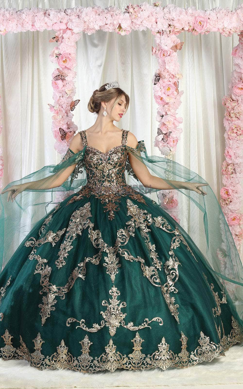 May Queen LK210 - Cold Shoulder Embellished Quinceanera Dress In Green and Gold