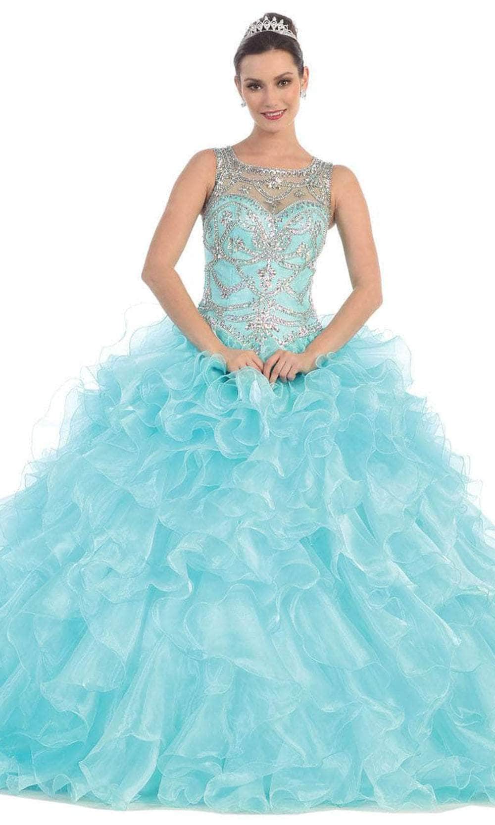 May Queen LK68 - Jeweled Cutout Back Ballgown Ball Gowns 2 / Aqua