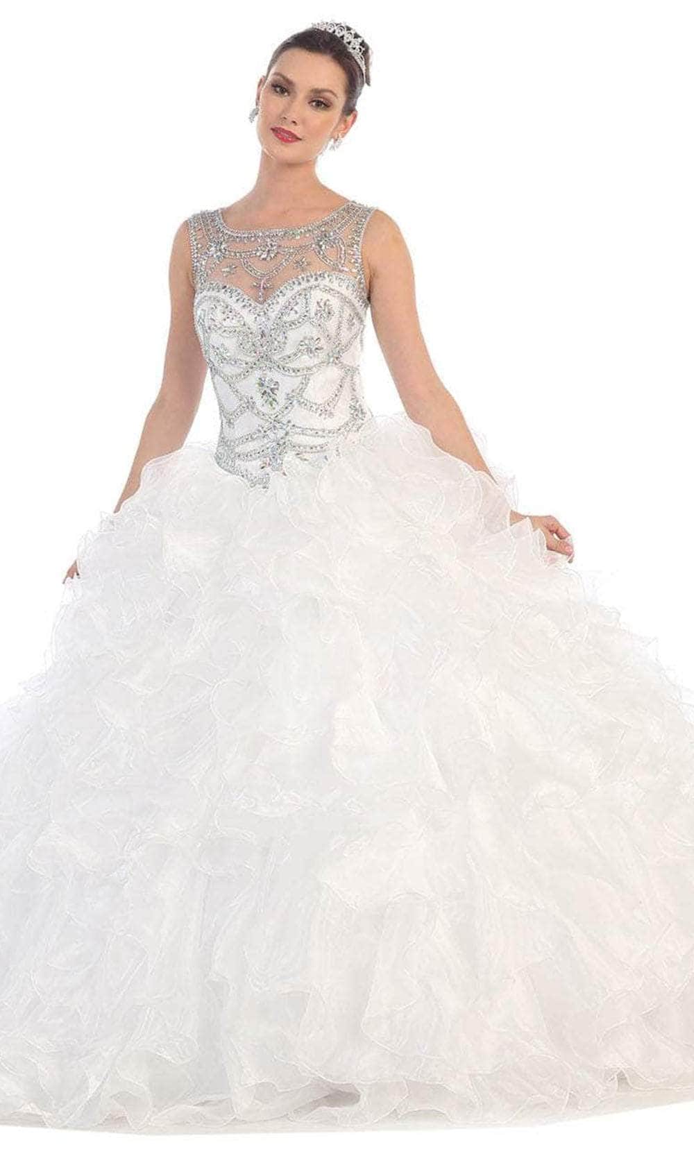 May Queen LK68 - Jeweled Cutout Back Ballgown Ball Gowns 2 / White