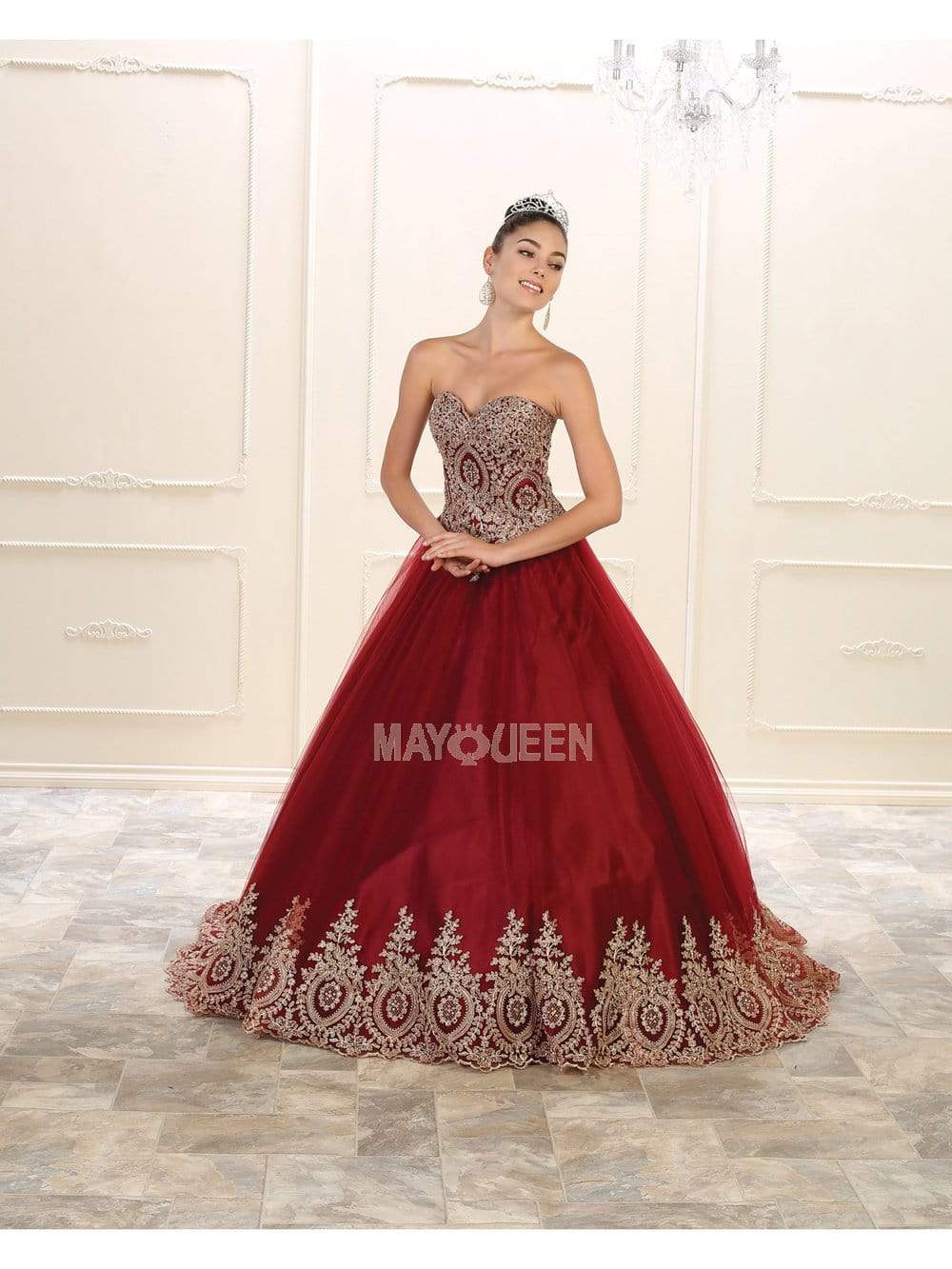 May Queen - LK73 Strapless Sweetheart Gold Lace Embellished Ballgown Ball Gowns 2 / Burgundy