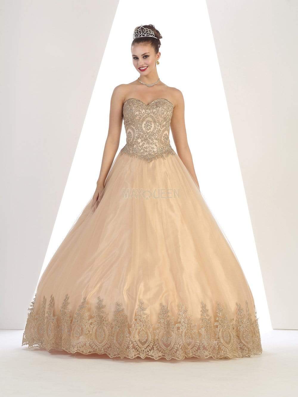 May Queen - LK73 Strapless Sweetheart Gold Lace Embellished Ballgown Ball Gowns 2 / Champagne