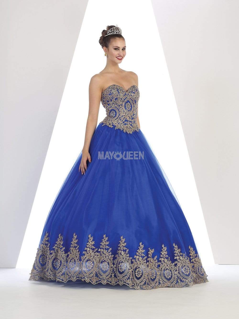 May Queen - LK73 Strapless Sweetheart Gold Lace Embellished Ballgown Ball Gowns 2 / Royal-Blue