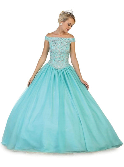 May Queen - LK91 Embellished Off-Shoulder Quinceañera Ballgown Special Occasion Dress 4 / Aqua