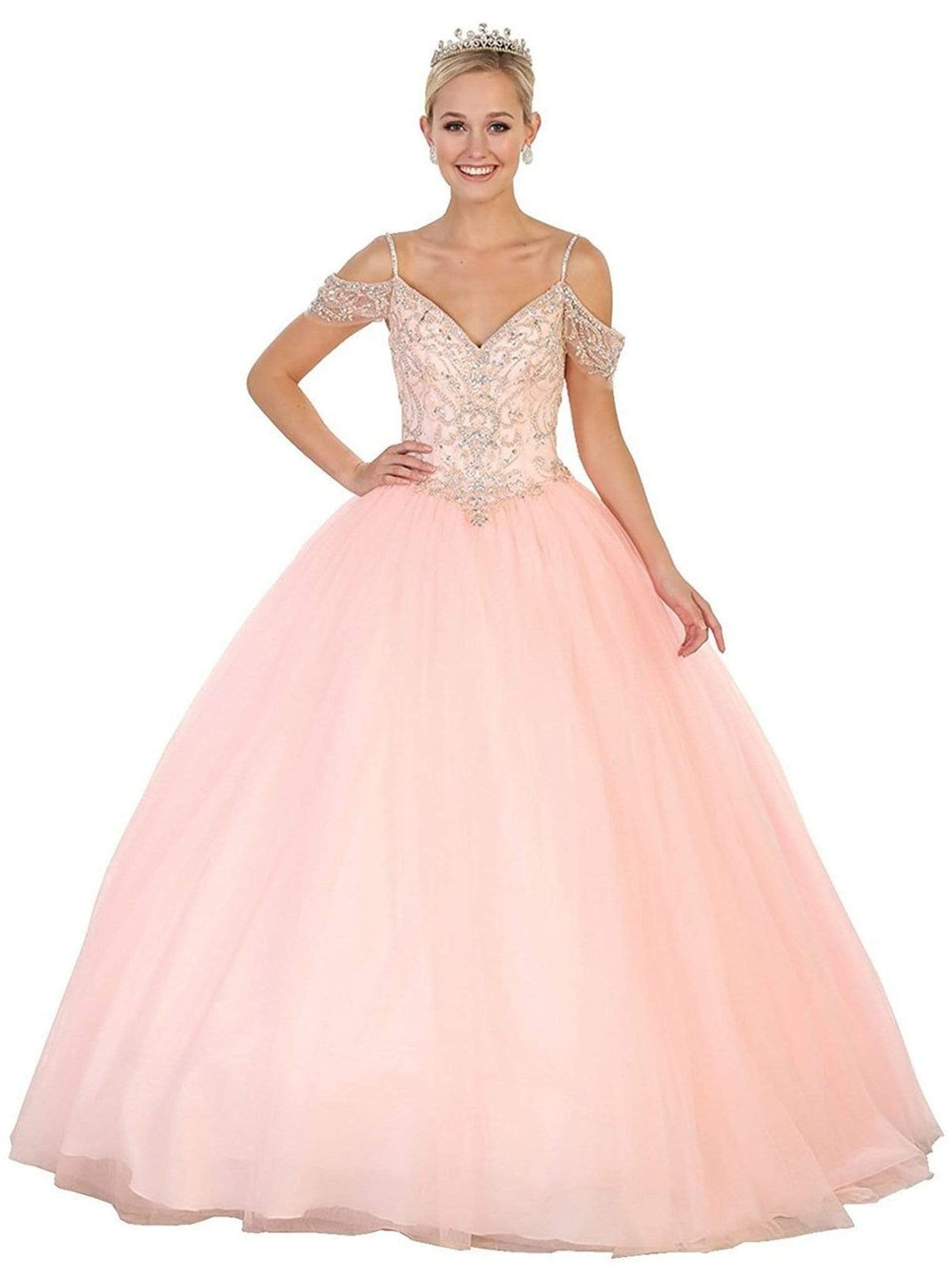 May Queen - LK96 Embellished V-neck Quinceanera Ballgown Special Occasion Dress 2 / Blush