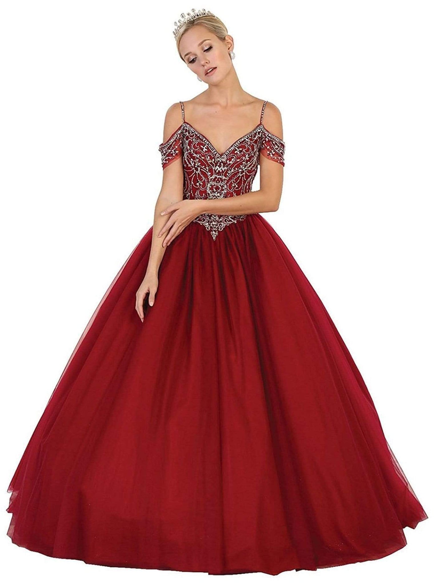 May Queen - LK96 Embellished V-neck Quinceanera Ballgown Special Occasion Dress 2 / Burgundy