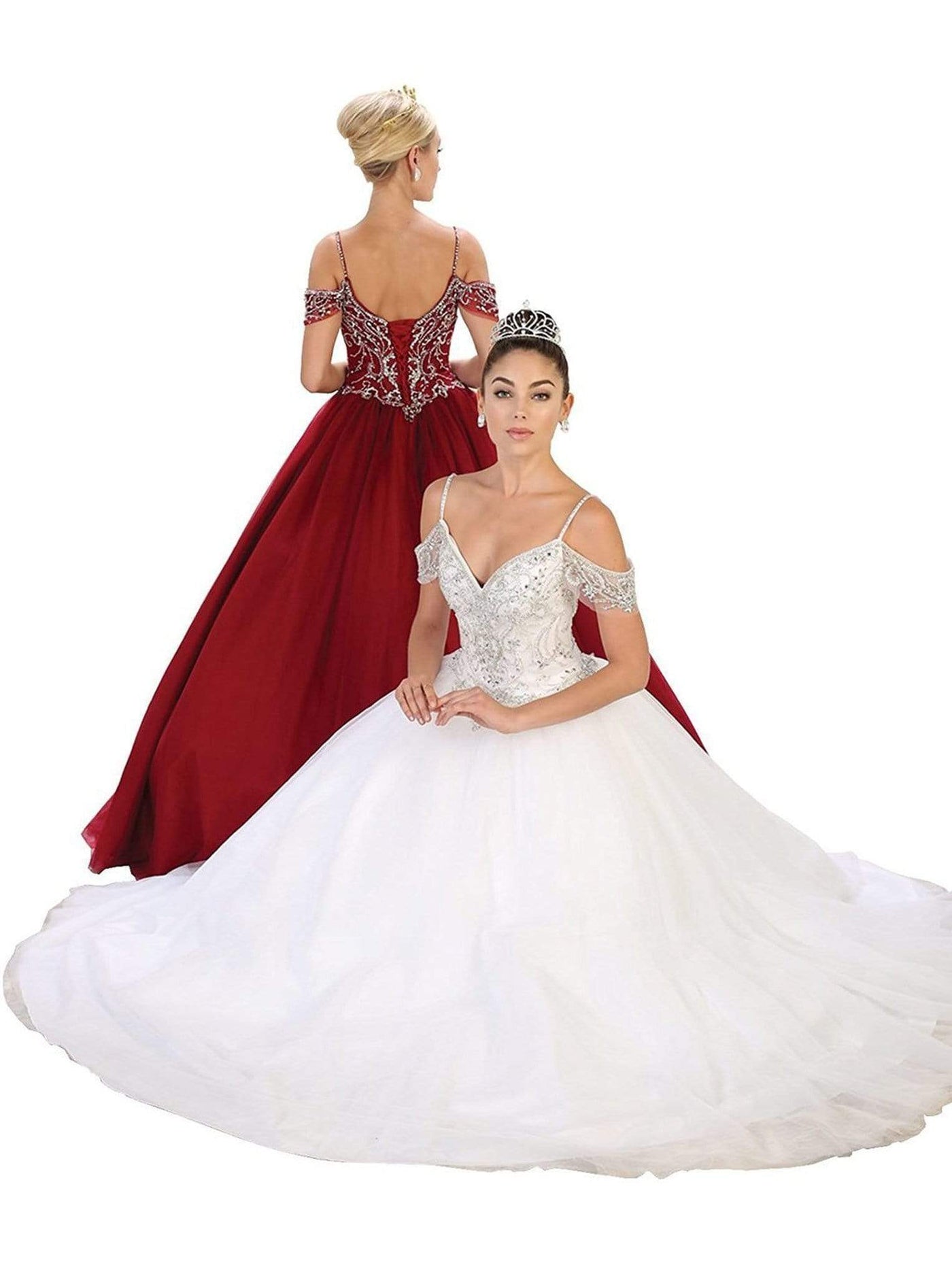May Queen - LK96 Embellished V-neck Quinceanera Ballgown Special Occasion Dress 2 / White
