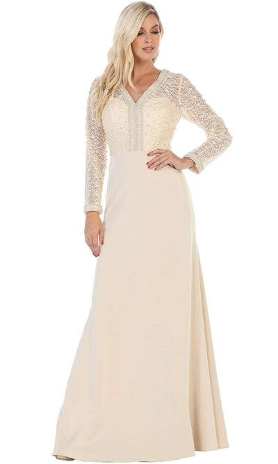 May Queen - Long Sleeve Beaded Bodice Column Dress RQ7692 - 1 pc Champagne In Size XL Available CCSALE XL / Champagne