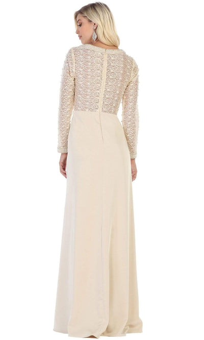 May Queen - Long Sleeve Beaded Bodice Column Dress RQ7692 - 1 pc Champagne In Size XL Available CCSALE XL / Champagne