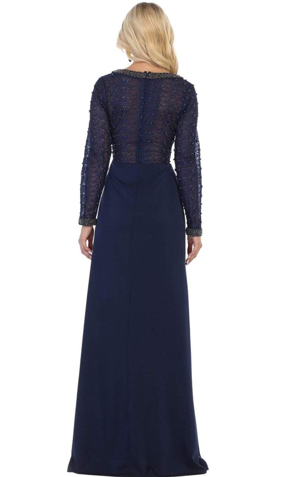 May Queen - Long Sleeve Beaded Bodice Column Dress RQ7692 - 1 pc Navy In Size L Available CCSALE L / Navy
