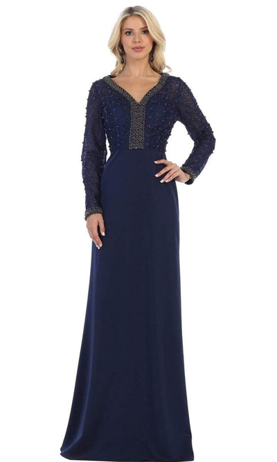 May Queen - Long Sleeve Beaded Bodice Column Dress RQ7692 - 1 pc Navy In Size L Available CCSALE L / Navy