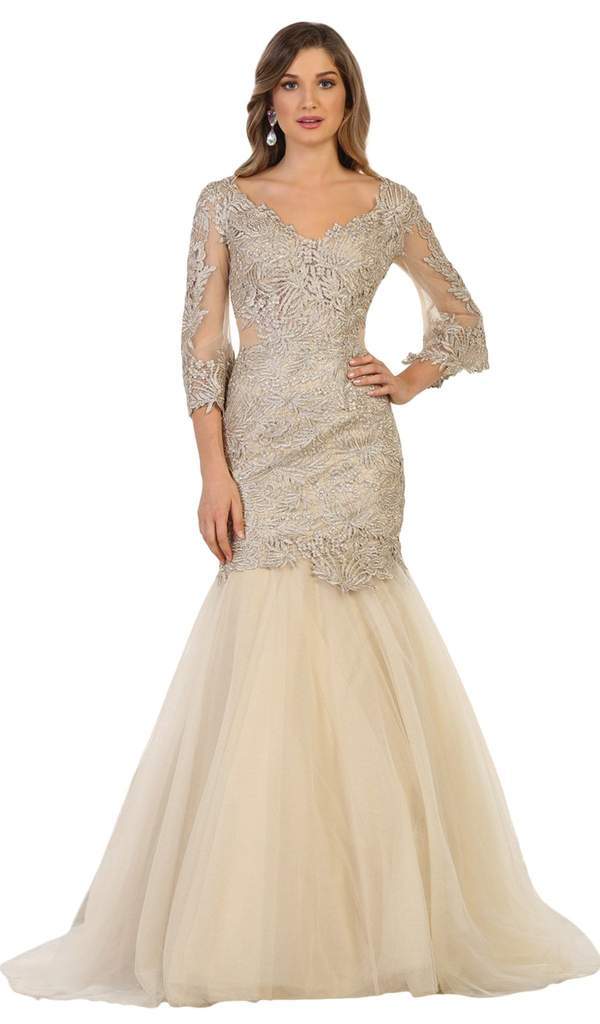 May Queen - May Queen - RQ7542 Embroidered V-Neck Trumpet Evening Gown CCSALE 12 / Champagne/Gold