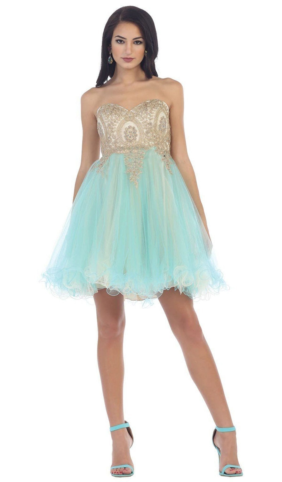 May Queen - MQ-1286 Strapless Appliqued Cocktail Dress Special Occasion Dress 2 / Aqua/Nude